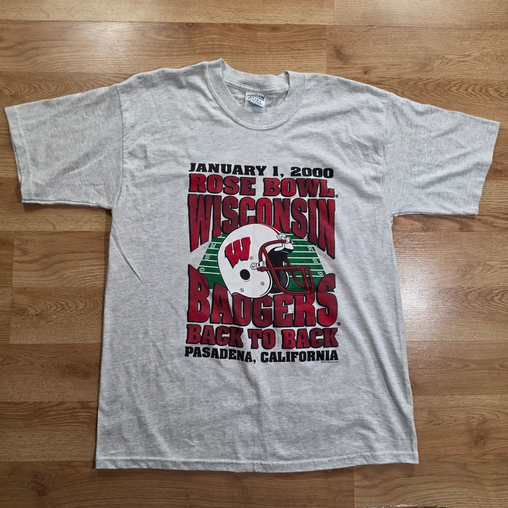 Wisconsin Badgers T-Shirt Mens L 2000 Rose Bowl Back to Back Grey Y2k Gildan